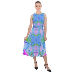 Pink And Purple Dahlia On Blue Pattern Midi Tie-back Chiffon Dress by myrubiogarden