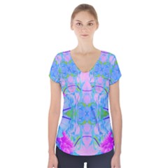 Pink And Purple Dahlia On Blue Pattern Short Sleeve Front Detail Top by myrubiogarden