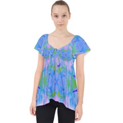 Pink And Purple Dahlia On Blue Pattern Lace Front Dolly Top