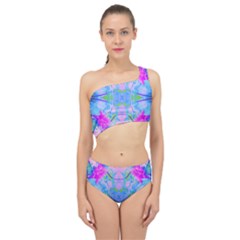 Pink And Purple Dahlia On Blue Pattern Spliced Up Two Piece Swimsuit by myrubiogarden