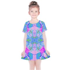Pink And Purple Dahlia On Blue Pattern Kids  Simple Cotton Dress