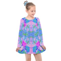 Pink And Purple Dahlia On Blue Pattern Kids  Long Sleeve Dress by myrubiogarden