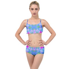 Pink And Purple Dahlia On Blue Pattern Layered Top Bikini Set by myrubiogarden