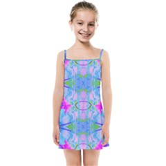 Pink And Purple Dahlia On Blue Pattern Kids Summer Sun Dress by myrubiogarden