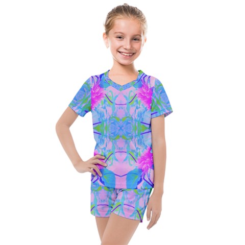 Pink And Purple Dahlia On Blue Pattern Kids  Mesh Tee And Shorts Set by myrubiogarden