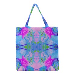 Pink And Purple Dahlia On Blue Pattern Grocery Tote Bag by myrubiogarden