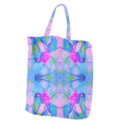 Pink And Purple Dahlia On Blue Pattern Giant Grocery Tote by myrubiogarden