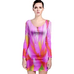 Fiery Hot Pink And Yellow Cactus Dahlia Flower Long Sleeve Bodycon Dress by myrubiogarden