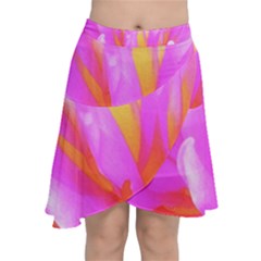 Fiery Hot Pink And Yellow Cactus Dahlia Flower Chiffon Wrap Front Skirt by myrubiogarden