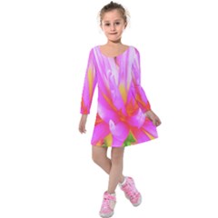 Fiery Hot Pink And Yellow Cactus Dahlia Flower Kids  Long Sleeve Velvet Dress by myrubiogarden