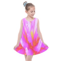 Fiery Hot Pink And Yellow Cactus Dahlia Flower Kids  Summer Dress by myrubiogarden