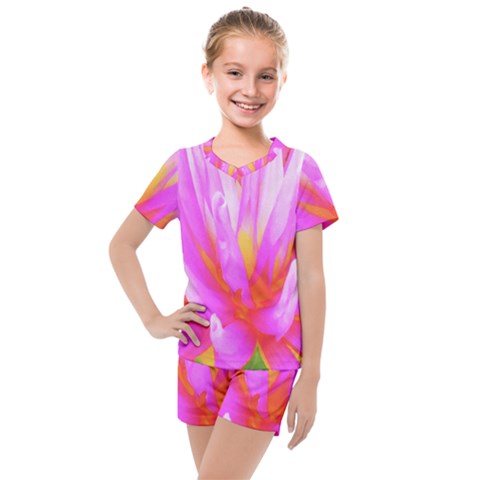 Fiery Hot Pink And Yellow Cactus Dahlia Flower Kids  Mesh Tee And Shorts Set by myrubiogarden