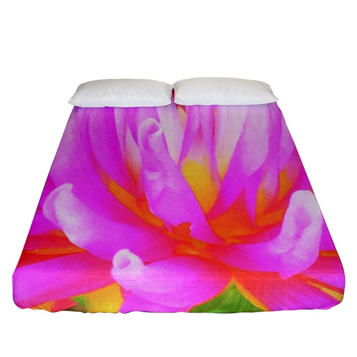 Fiery Hot Pink And Yellow Cactus Dahlia Flower Fitted Sheet (California King Size)