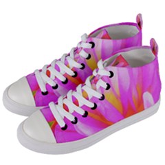 Fiery Hot Pink And Yellow Cactus Dahlia Flower Women s Mid-top Canvas Sneakers by myrubiogarden