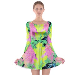 Fluorescent Yellow Smoke Tree With Pink Hydrangea Long Sleeve Skater Dress by myrubiogarden