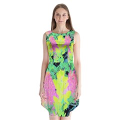 Fluorescent Yellow Smoke Tree With Pink Hydrangea Sleeveless Chiffon Dress  