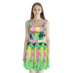 Fluorescent Yellow Smoke Tree With Pink Hydrangea Split Back Mini Dress 