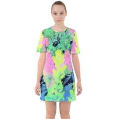 Fluorescent Yellow Smoke Tree With Pink Hydrangea Sixties Short Sleeve Mini Dress