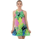 Fluorescent Yellow Smoke Tree With Pink Hydrangea Halter Tie Back Chiffon Dress View1