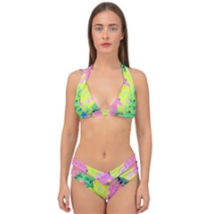 Fluorescent Yellow Smoke Tree With Pink Hydrangea Double Strap Halter Bikini Set