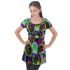 Abstract Garden Peony In Black And Blue Puff Sleeve Tunic Top by myrubiogarden