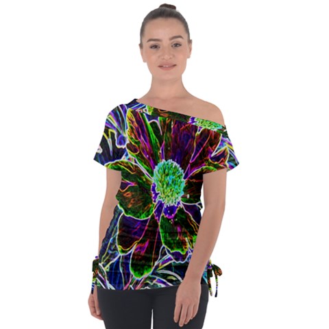 Abstract Garden Peony In Black And Blue Tie-up Tee by myrubiogarden