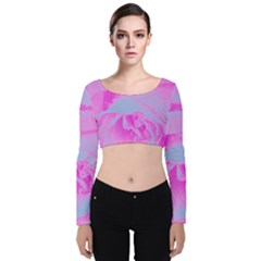 Perfect Hot Pink And Light Blue Rose Detail Velvet Long Sleeve Crop Top by myrubiogarden