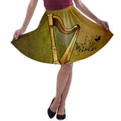 Wonderful Golden Harp On Vintage Background A-line Skater Skirt by FantasyWorld7