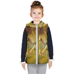 Wonderful Golden Harp On Vintage Background Kid s Hooded Puffer Vest by FantasyWorld7
