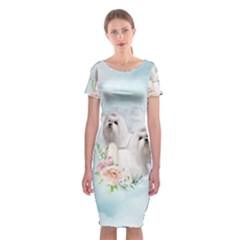 Cute Little Maltese With Flowers Classic Short Sleeve Midi Dress by FantasyWorld7