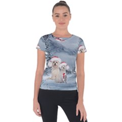 Christmas, Cute Dogs And Squirrel With Christmas Hat Short Sleeve Sports Top  by FantasyWorld7