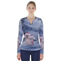 Christmas, Cute Dogs And Squirrel With Christmas Hat V-neck Long Sleeve Top by FantasyWorld7