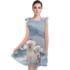 Christmas, Cute Dogs And Squirrel With Christmas Hat Tie Up Tunic Dress by FantasyWorld7