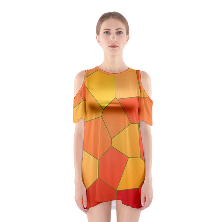 Background Pattern Orange Mosaic Shoulder Cutout One Piece Dress