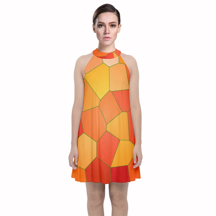 Background Pattern Orange Mosaic Velvet Halter Neckline Dress 