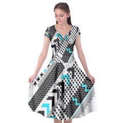 Green Geometric Abstract Cap Sleeve Wrap Front Dress