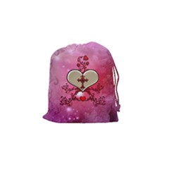 Wonderful Hearts With Floral Elements Drawstring Pouch (small) by FantasyWorld7