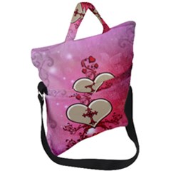 Wonderful Hearts With Floral Elements Fold Over Handle Tote Bag by FantasyWorld7
