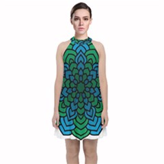 Green Blue Mandala Vector Velvet Halter Neckline Dress 