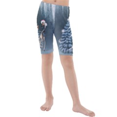 Christmas, Cute Giraffe With Bird Kids  Mid Length Swim Shorts