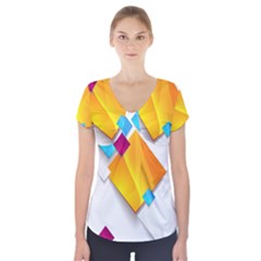 Colorful Abstract Geometric Squares Short Sleeve Front Detail Top
