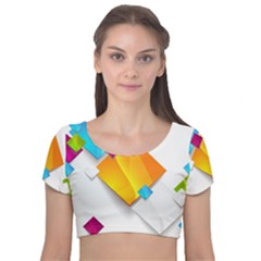 Colorful Abstract Geometric Squares Velvet Short Sleeve Crop Top 