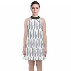 Christmas Pine Pattern Organic Hand Drawn Modern Black And White Velvet Halter Neckline Dress  by genx