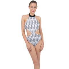 Christmas Pine Pattern Organic Hand Drawn Modern Black And White Halter Side Cut Swimsuit by genx