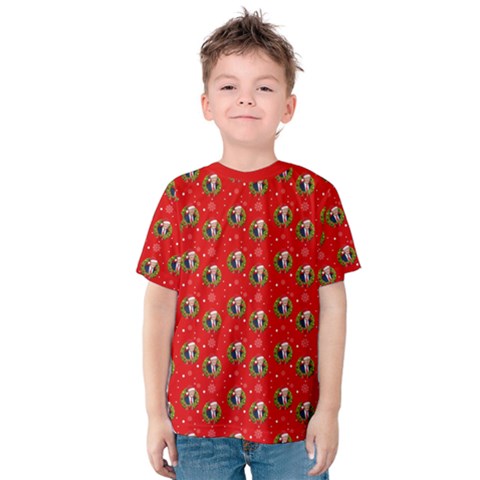 Trump Wrait Pattern Make Christmas Great Again Maga Funny Red Gift With Snowflakes And Trump Face Smiling Kids  Cotton Tee by snek