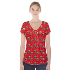 Trump Wrait Pattern Make Christmas Great Again Maga Funny Red Gift With Snowflakes And Trump Face Smiling Short Sleeve Front Detail Top by snek