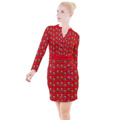 Trump Wrait Pattern Make Christmas Great Again Maga Funny Red Gift With Snowflakes And Trump Face Smiling Button Long Sleeve Dress by snek