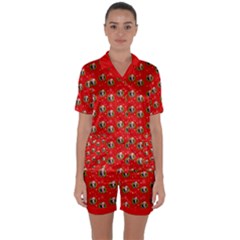 Trump Wrait Pattern Make Christmas Great Again Maga Funny Red Gift With Snowflakes And Trump Face Smiling Satin Short Sleeve Pyjamas Set by snek