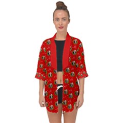 Trump Wrait Pattern Make Christmas Great Again Maga Funny Red Gift With Snowflakes And Trump Face Smiling Open Front Chiffon Kimono by snek