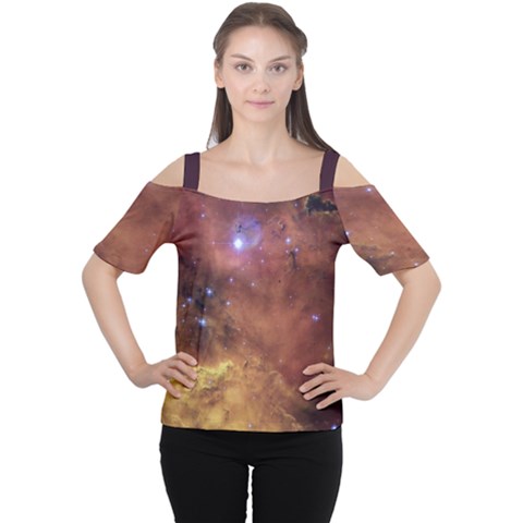 Cosmic Astronomy Sky With Stars Orange Brown And Yellow Cutout Shoulder Tee by genx